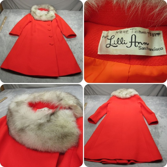 Lilli Ann Paris Jacket Womens Medium Orange Real Fur 3/4 Sleeve Overcoat VTG 80s - Picture 1 of 14